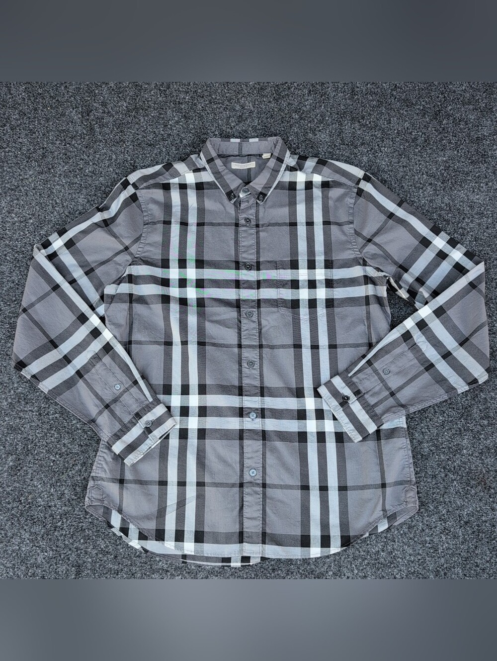 Vtg Burberry Brit Shirt Mens Large Gray Nova Check Plaid Long Sleeve Button Down